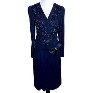 Vintage Leslie Fay Black Ribbon Chest Detail Drop Waist Wrap Party Dress Size 14